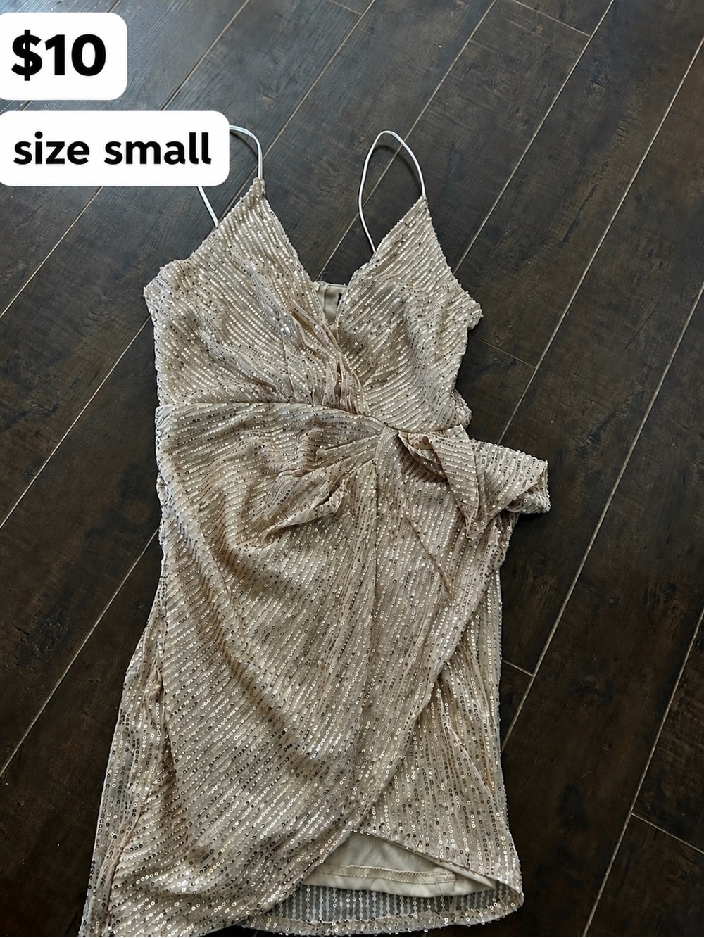 Beaded Champagne Spaghetti-Strap Wrap Dress